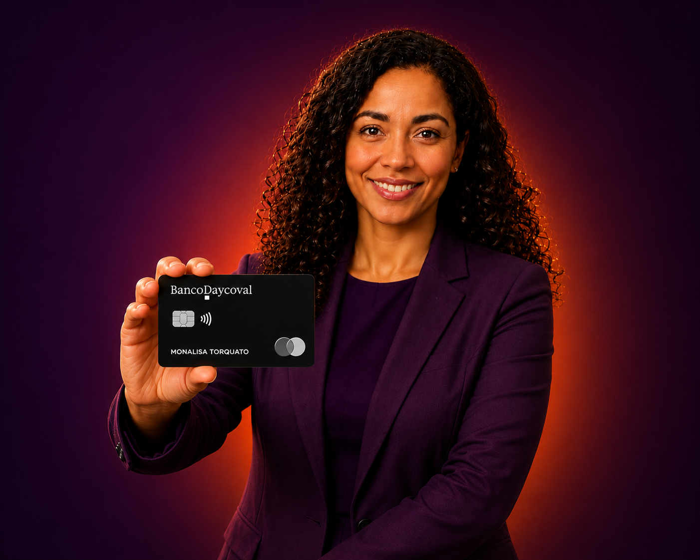 Monalisa, assistente virtual da monaycred, segurando o Cartão Consignado Daycoval